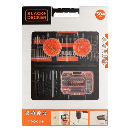 BLACK+DECKER 304 piece drill and screwdriver accessory set in a black and orange plastic case, displayed in its retail packaging. The set includes drill bits, screwdriver bits, wall plugs, and screws, suitable for wood, metal, PVC, and brick.