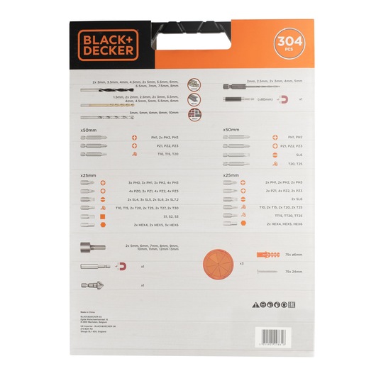 Back view of BLACK+DECKER A7238 photography product packaging, showing details of a 304-piece set. The packaging lists various sizes and types of drill bits, screwdriver bits, and accessories included in the set, with diagrams of each item. The top of the package features the BLACK+DECKER logo and '304 PCS' in an orange circle.