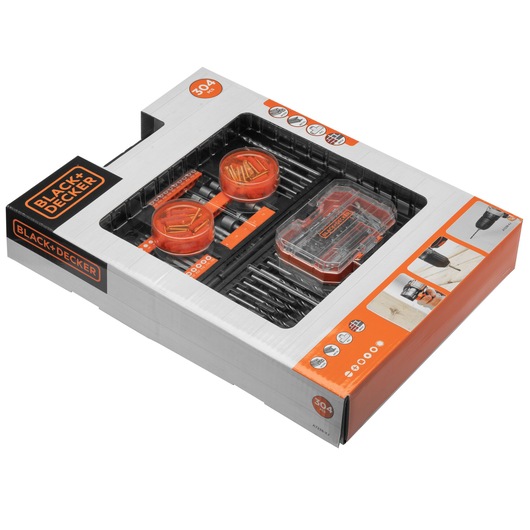 BLACK+DECKER 304-piece drill and screwdriver bit set in packaging. The set includes various drill bits, screwdriver bits, screws, and accessories in a plastic case, visible through a transparent window on the box.