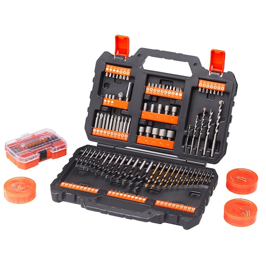 A BLACK+DECKER drill and bit set displayed in an open black and orange hard case, including various drill bits, screwdriver bits, nut drivers, and accessories. Additional small orange cases and a clear lidded case with bits are shown beside the main set.