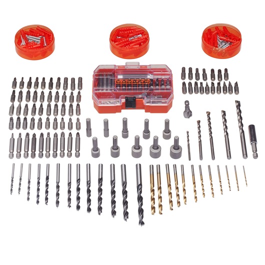 A BLACK+DECKER toolkit set displayed on a white background. The set includes a variety of drill bits, screwdriver bits, socket adapters, and wall plugs. There are three orange circular containers, a clear and orange storage case, and a wide assortment of metal components arranged in neat rows.