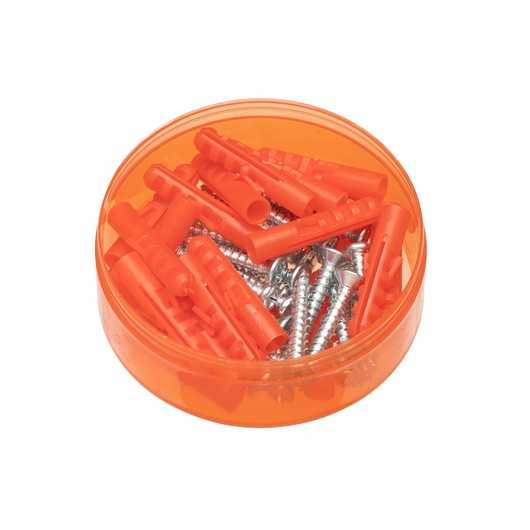 An orange plastic container filled with orange wall plugs and silver screws.