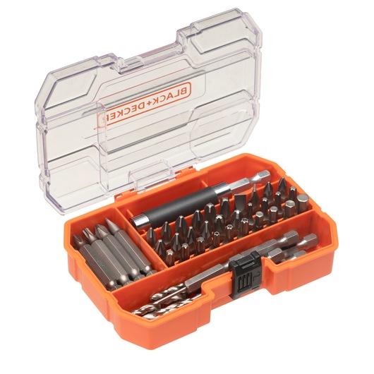An open orange and transparent plastic case containing a BLACK+DECKER assortment of screwdriver bits and drill bits, arranged in separate compartments.
