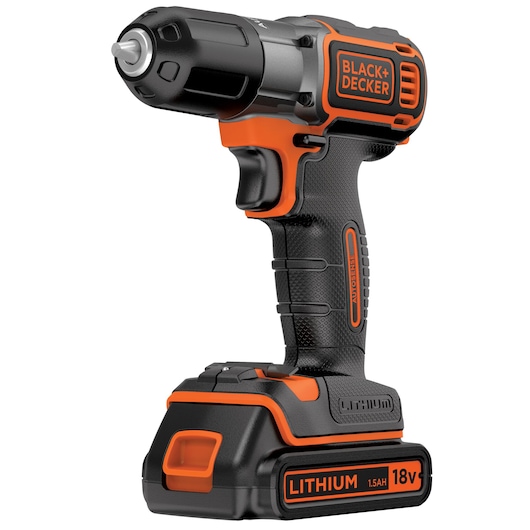 A BLACK+DECKER cordless drill with a black and orange design, featuring a lithium-ion battery labeled 18V 1.5Ah.