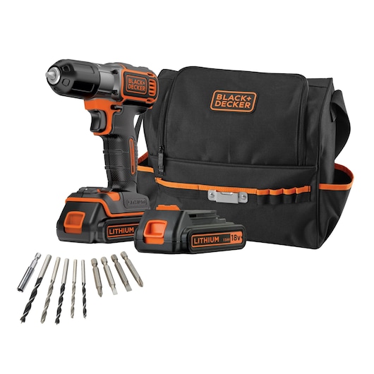A BLACK+DECKER 18V lithium cordless drill set with a black and orange tool bag, two battery packs, multiple drill bits and screwdriver bits displayed in front.