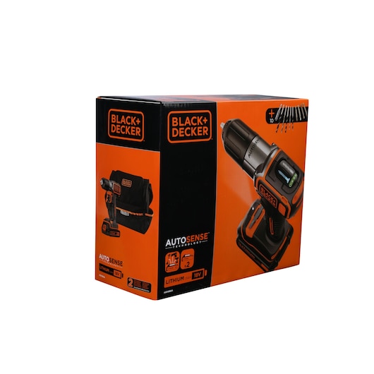 BLACK+DECKER ASD18BSA cordless drill set packaging, orange and black box, front angle with drill, bits, and bag photo.