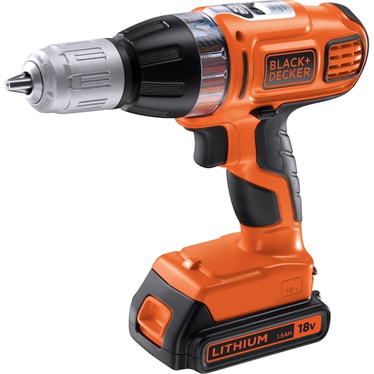 An orange and black BLACK+DECKER cordless drill with an 18V lithium battery, ergonomic grip, and keyless chuck.