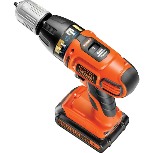 A BLACK+DECKER orange and black cordless drill with an 18V lithium battery, speed control, and ergonomic handle.
