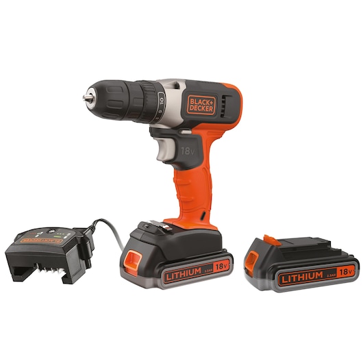 A BLACK+DECKER cordless drill set, including an orange and black 18V lithium-ion drill, a battery charger, and two 18V lithium-ion batteries.