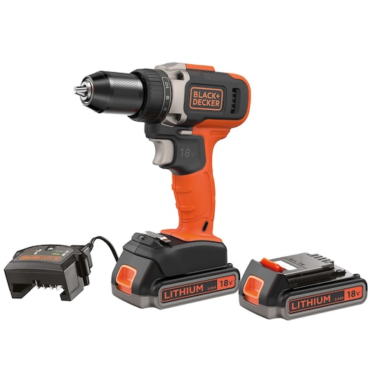 A BLACK+DECKER cordless drill set with a lithium 18V battery, including the drill, extra battery pack, and battery charger, displayed on a white background.