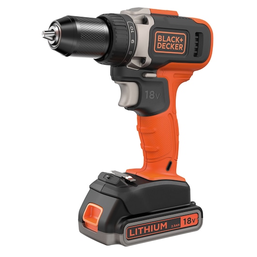 A BLACK+DECKER 18V cordless drill with lithium battery, featuring an orange and black design. The drill displays adjustable settings and ergonomic grip.