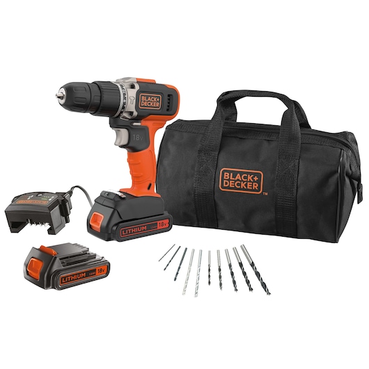 BLACK+DECKER cordless drill set, including an 18V lithium-ion drill, two batteries, a battery charger, a black carrying bag with logo, and a set of drill bits arranged in front.