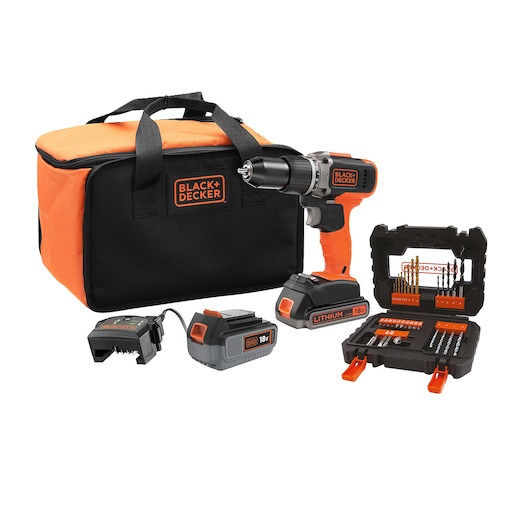 BLACK+DECKER cordless drill kit with carrying bag, battery charger, two 18V lithium-ion batteries, and a case containing various drill bits and accessories.
