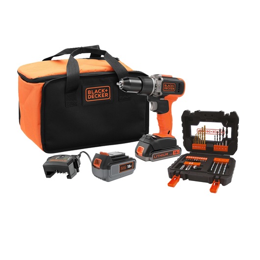 BLACK+DECKER BCD003ME2SA cordless drill set with orange and black bag, charger, battery, and drill bit kit, front angle.