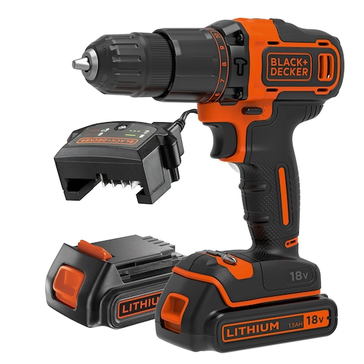 A BLACK+DECKER cordless electric drill set, including an 18V lithium-ion drill, a battery pack, and a charger. The drill and accessories feature a black and orange design.
