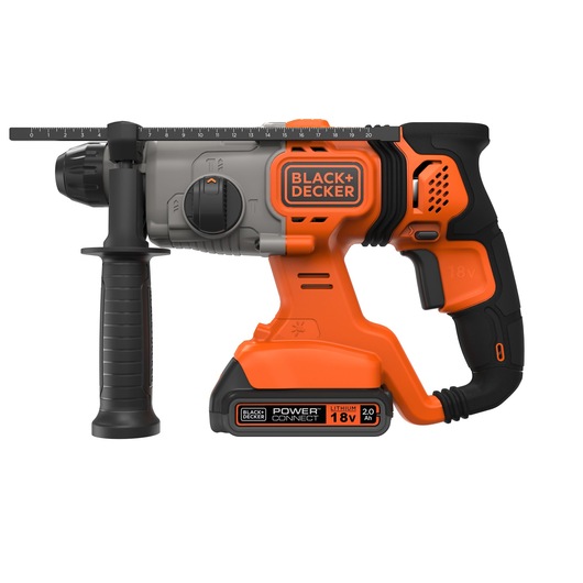 Cordless BLACK+DECKER rotary hammer drill with orange and black design, side handle, and 18V lithium battery pack, suitable for heavy-duty drilling tasks.