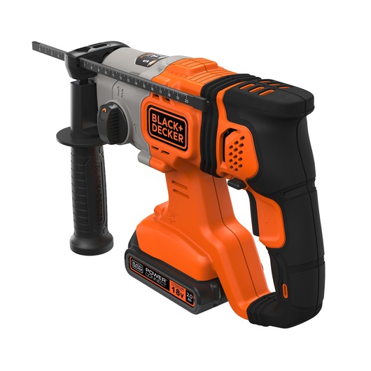 A BLACK+DECKER 18V cordless rotary hammer drill with an ergonomic black and orange design, a side handle for control, and a depth gauge for precision drilling.