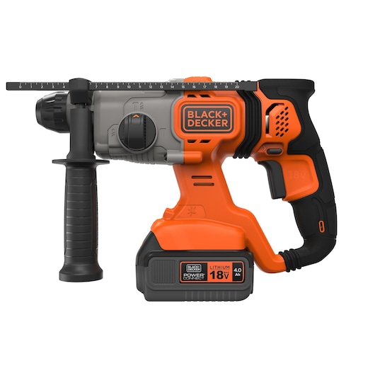 A BLACK+DECKER cordless rotary hammer drill, with an 18V lithium-ion battery. The drill features a side handle for added control, an orange and black design, and visible brand logos and power specifications.