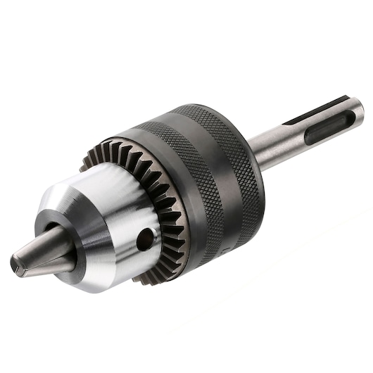 A close-up image of a metal drill chuck with a keyed design and an SDS shank, used for securely holding drill bits in power tools.