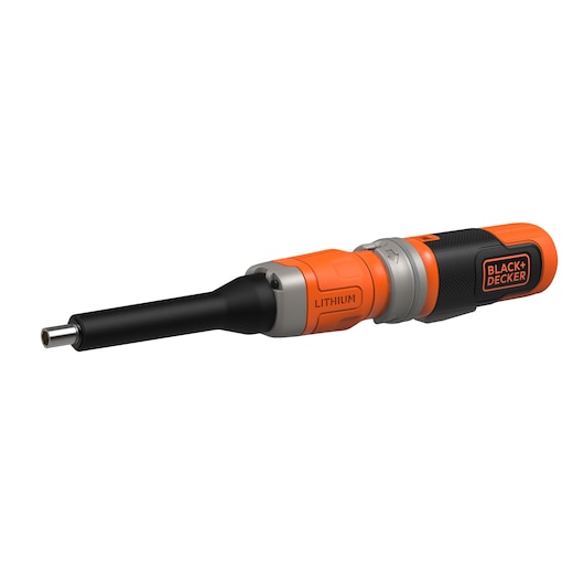 BLACK+DECKER lithium cordless electric screwdriver with an orange and black handle, shown on a white background.