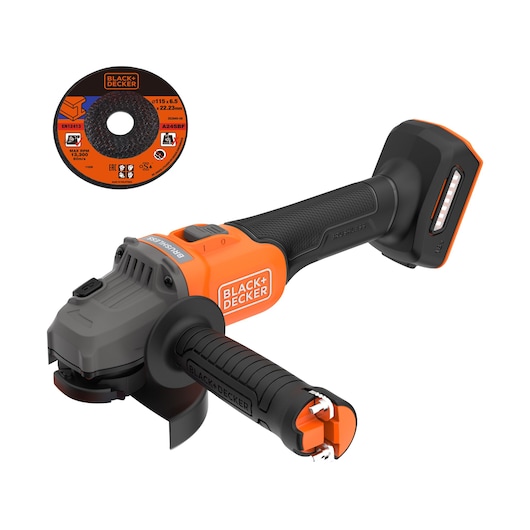 BLACK+DECKER BCG6L8N cordless angle grinder with side handle and cutting disc, brushless, product on white background.