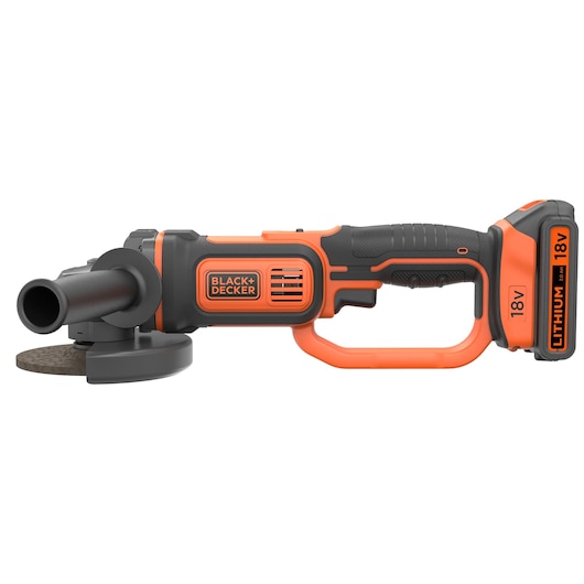 A BLACK+DECKER cordless angle grinder with an 18V lithium battery, featuring an ergonomic black and orange design and a side handle.