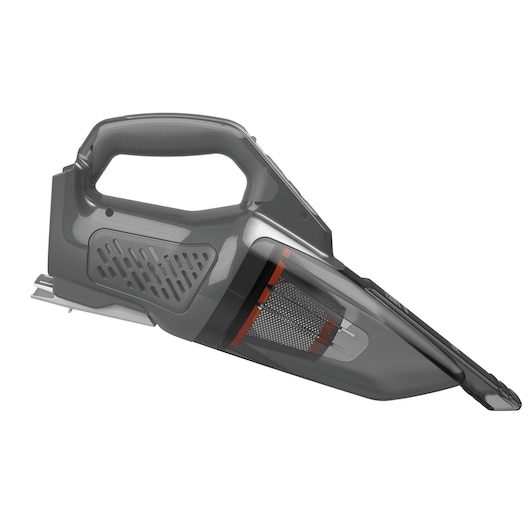 BLACKDECKER handheld vacuum cleaner BCHV001B-JP, side angle, gray plastic body and transparent dust chamber.
