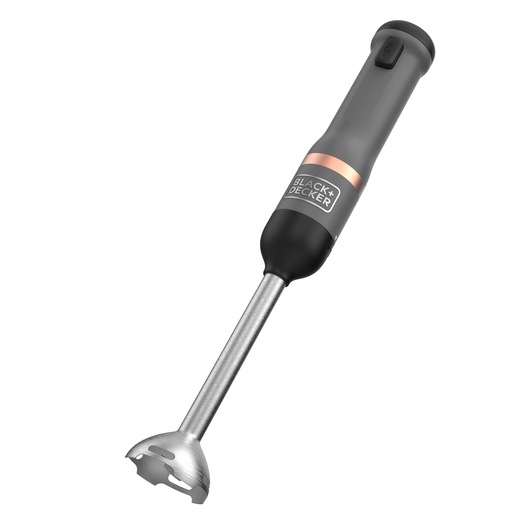 A BLACK+DECKER hand blender with a grey and black handle and a stainless steel blending shaft, shown against a white background.