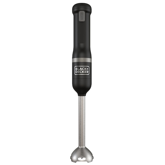 A BLACK+DECKER handheld immersion blender with a black plastic body and stainless steel blending shaft.
