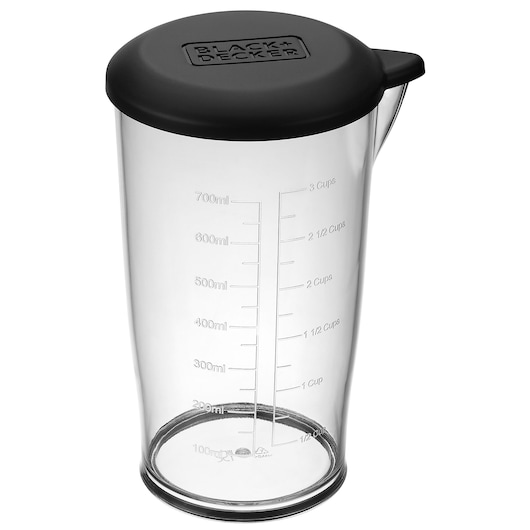 BLACK+DECKER BCKM1012KB clear measuring cup with black lid, marked in milliliters and cups, studio angle.