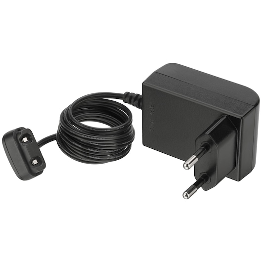 BLACKDECKER BCKM1012KB black power adapter with European plug and coiled cable, side angle, on white background.