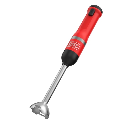 BLACK+DECKER red and black hand blender with stainless steel blending shaft, shown angled on a white background.