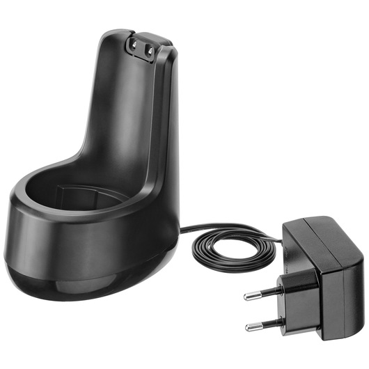 BLACKDECKER charging stand with power adapter BCKM1012KR, black, side angle on white background.