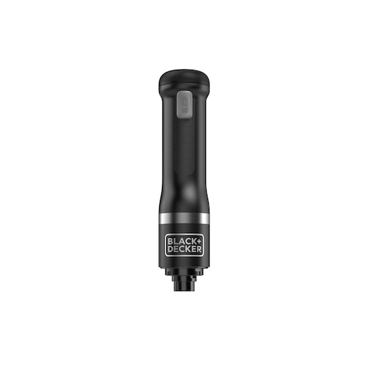 A BLACK+DECKER handheld device with a black body, silver accent, and visible power button, photographed on a white background.
