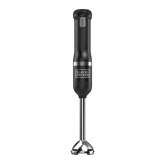 A BLACK+DECKER handheld immersion blender with a black handle and stainless steel blending shaft, shown upright against a white background.