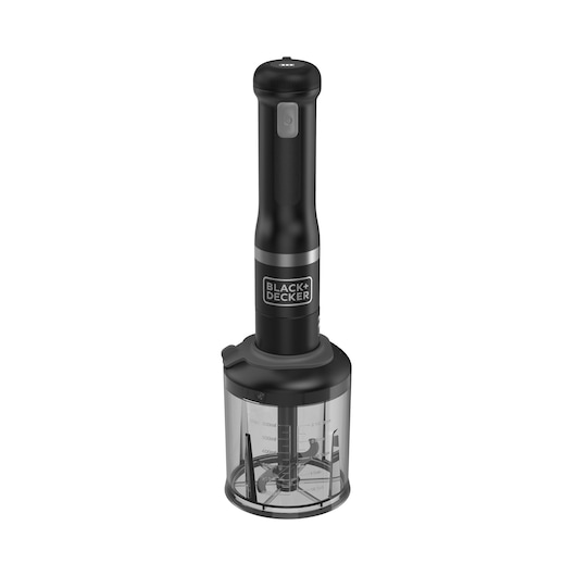 A BLACK+DECKER branded handheld food chopper with a black body and transparent container, featuring measurement markings and chopping blades inside.