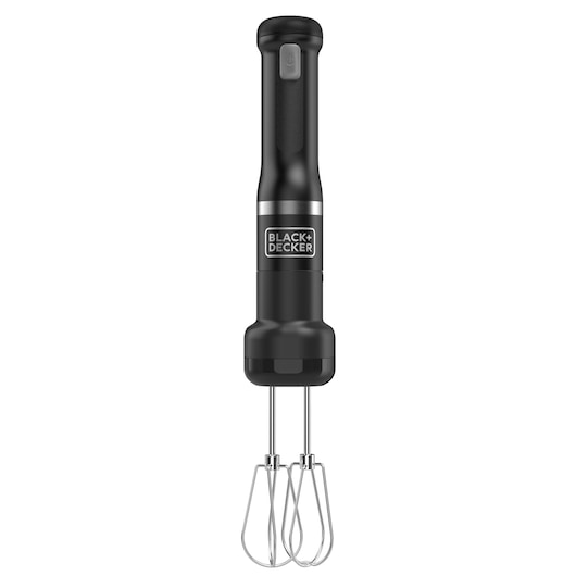 A BLACK+DECKER handheld electric mixer with a black body and two metal beaters, shown upright against a white background.