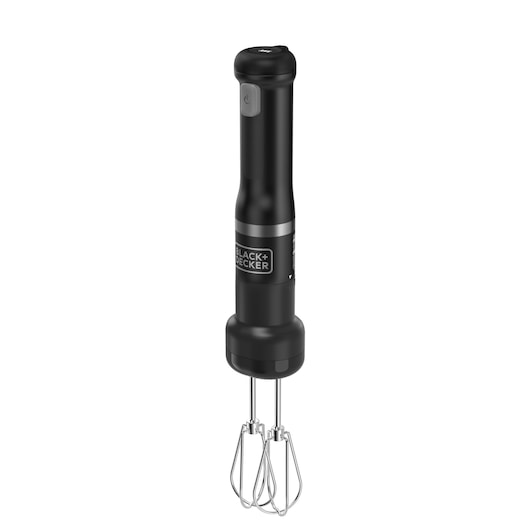 A BLACK+DECKER hand mixer with black body and silver beaters, shown standing upright on a white background.