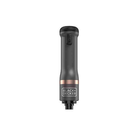 Front view of a BLACK+DECKER handheld device with a black and copper finish, featuring a power button and logo on the lower part.