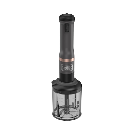 A BLACK+DECKER handheld immersion blender with a black handle and a transparent blending container attached at the bottom.