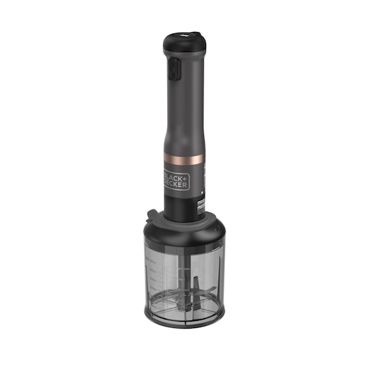 A BLACK+DECKER handheld food chopper with a black and copper design. The appliance features a transparent container with measurement markings and chopping blades inside.