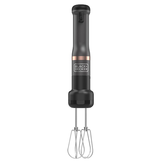 A BLACK+DECKER handheld electric mixer with two metal beaters, shown upright against a white background. The mixer is black with a copper accent near the brand logo.