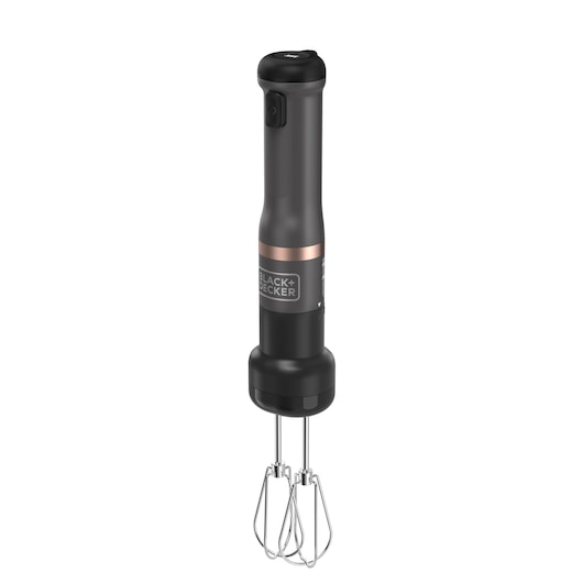 A BLACK+DECKER handheld electric mixer in a sleek black design, featuring two metal beaters extending from the bottom.