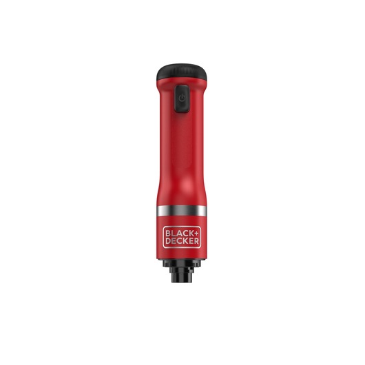 A red handheld electric kitchen tool from BLACK+DECKER, shown upright with a black power button and a visible BLACK+DECKER logo at the bottom.