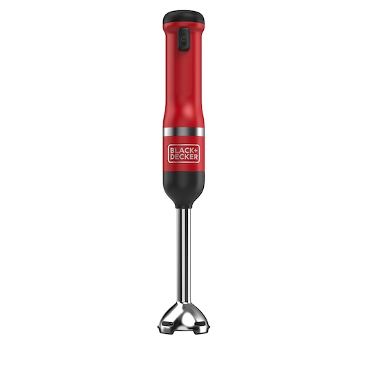 A BLACK+DECKER red and black handheld immersion blender with a stainless steel blending shaft, shown standing upright against a white background.