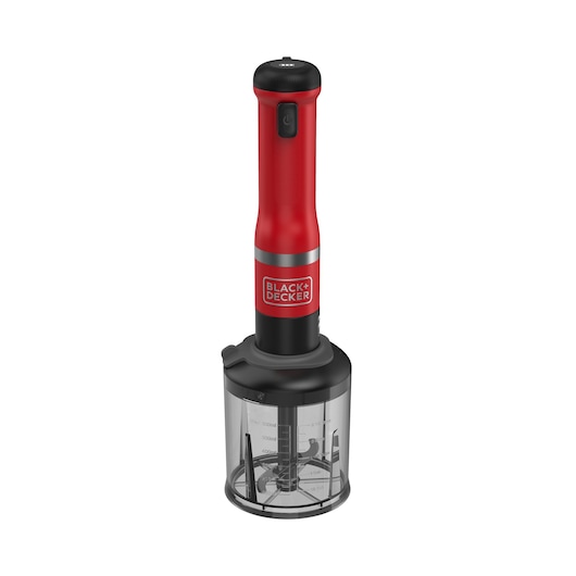 A BLACK+DECKER branded red and black electric hand blender with a transparent mixing container attached, viewed against a white background.
