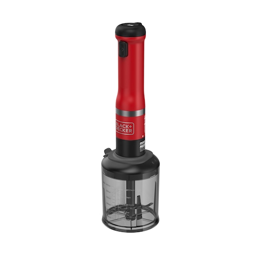 A BLACK+DECKER cordless hand blender in red and black with a clear measuring container attached, shown on a white background.