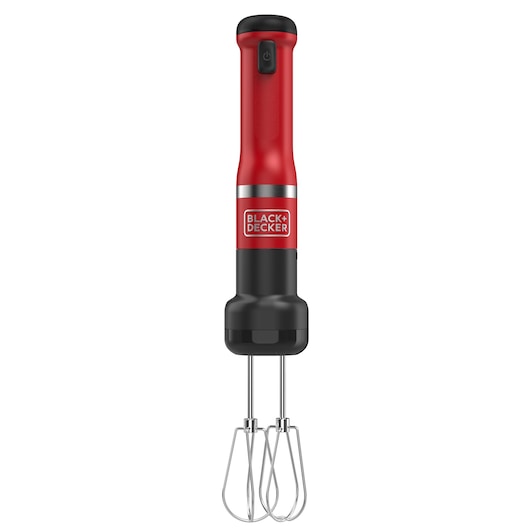 A BLACK+DECKER red and black hand mixer with two metal beaters, shown upright against a white background.