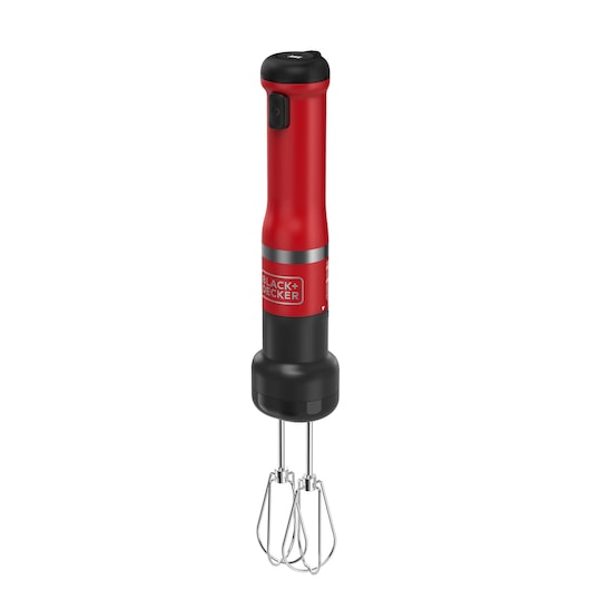 A BLACK+DECKER cordless hand mixer with a red and black body, featuring two metal beaters attached at the bottom.