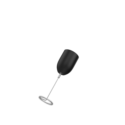 BLACKDECKER BCKM1016KSB handheld milk frother with black handle and stainless steel whisk, side angle.
